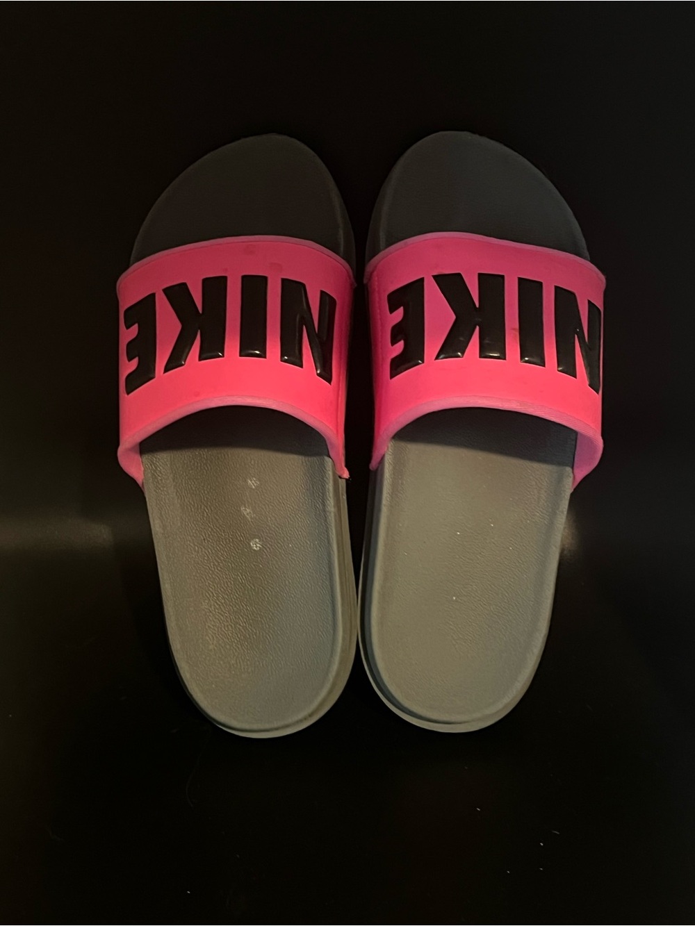 Nike Pink and Gray Slide Sandals with Black Logo